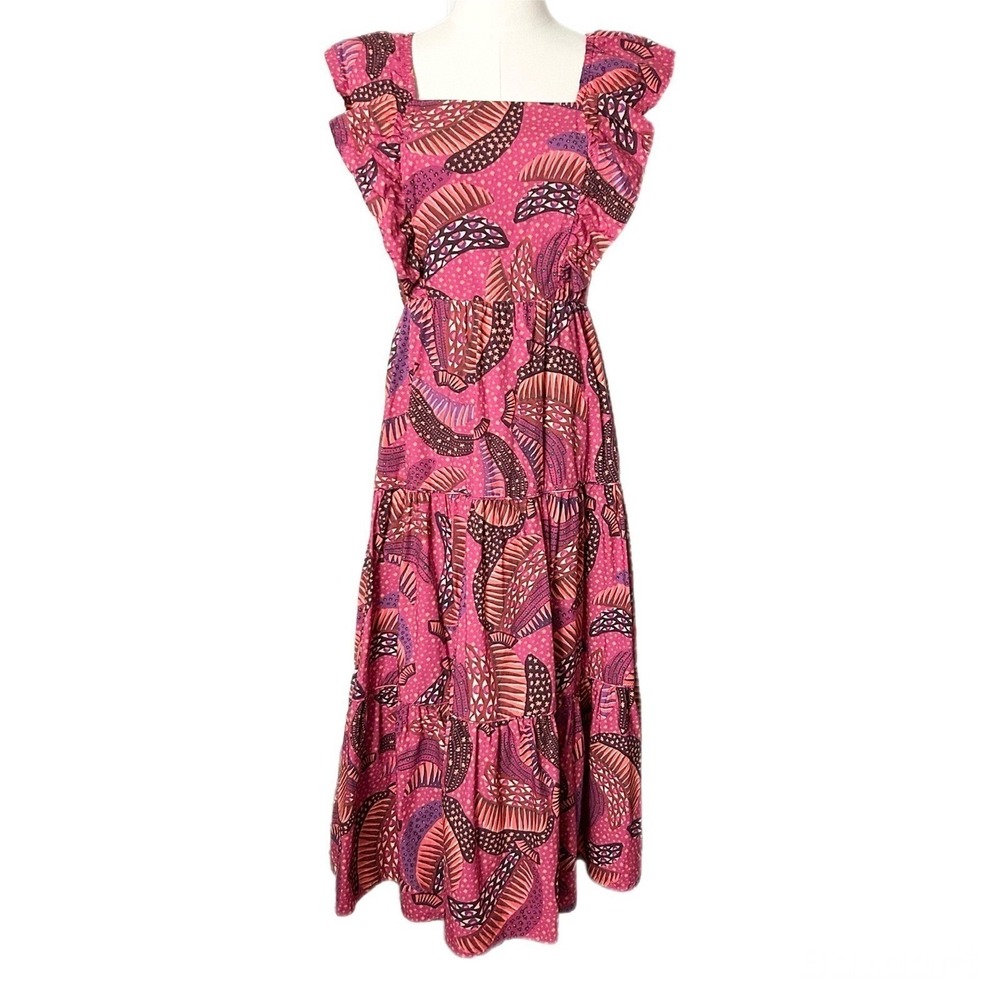 Farm Rio Wild Bananas Print Square Neck Ruffled Tiered Midi Dress Size Medium